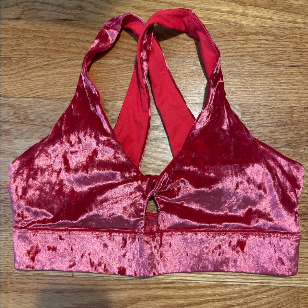 Fabletics red velvet sports bra.